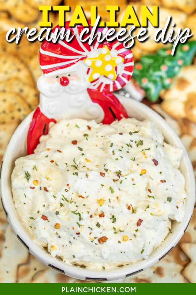 santa bowl of cream cheese dip with text overlay