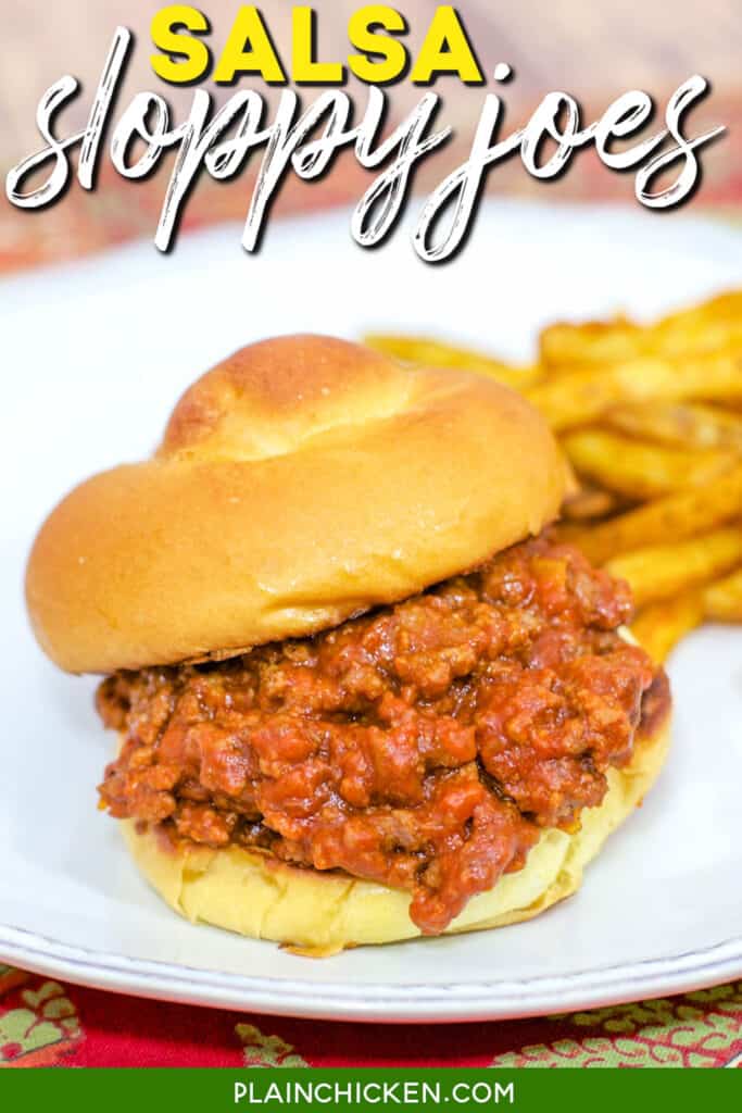 sloppy joe sandwich on a plate with fries with text overlay