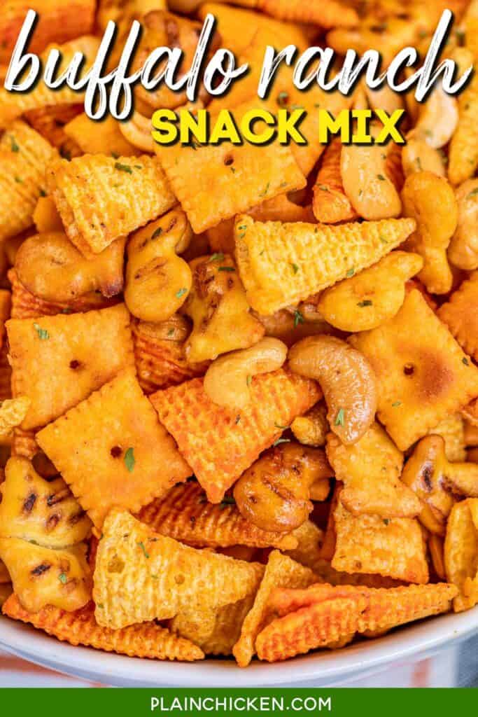 bowl of bugles snack mix with text overlay