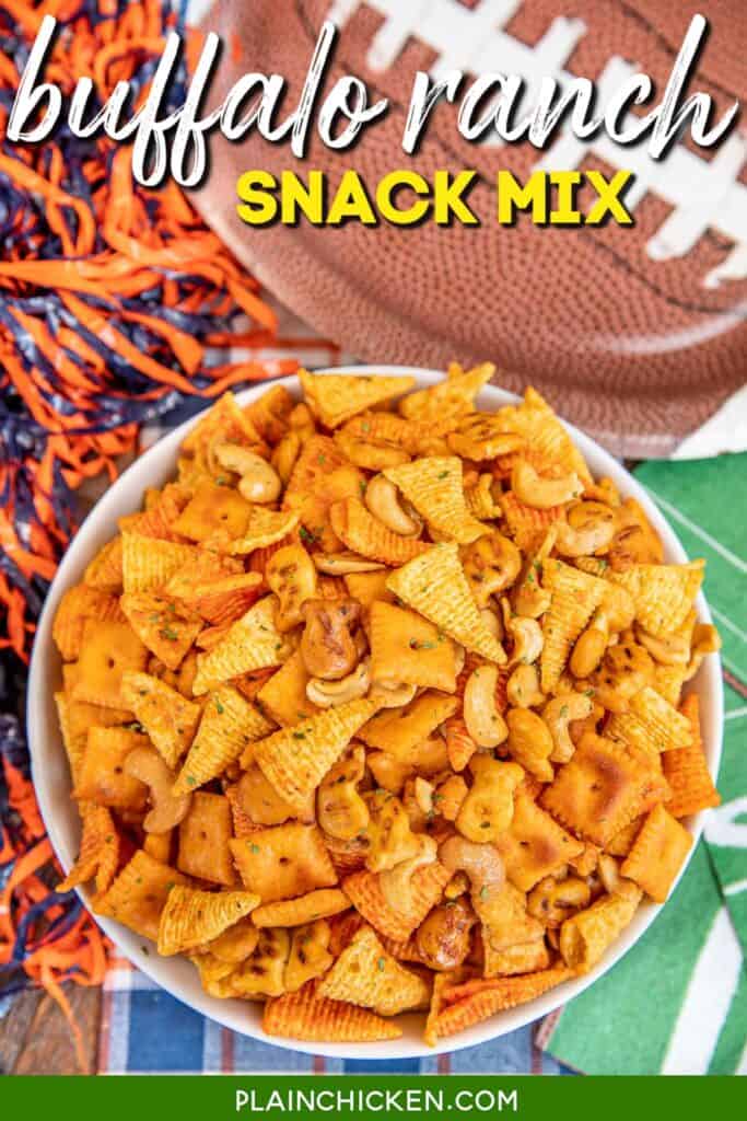 bowl of bugles buffalo ranch snack mix with text overlay