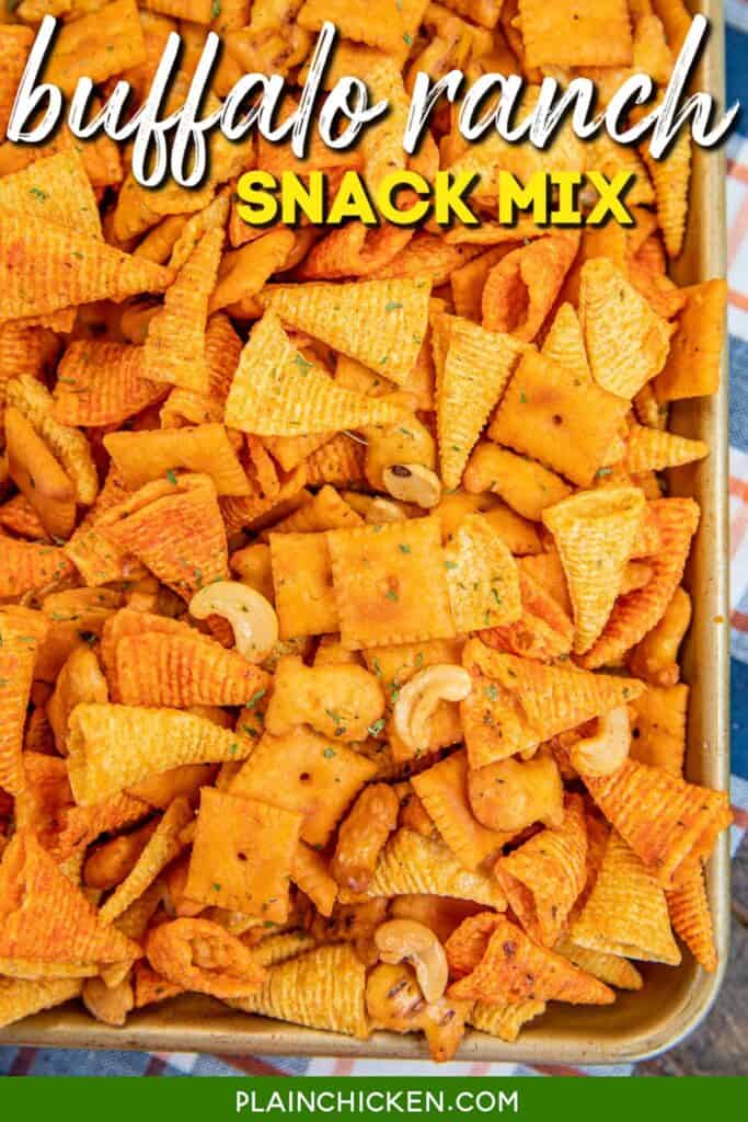 baking pan of bugles snack mix with text overlay