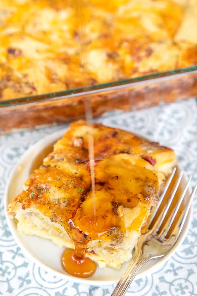 meatlovers pancake puff breakfast casserole with syrup