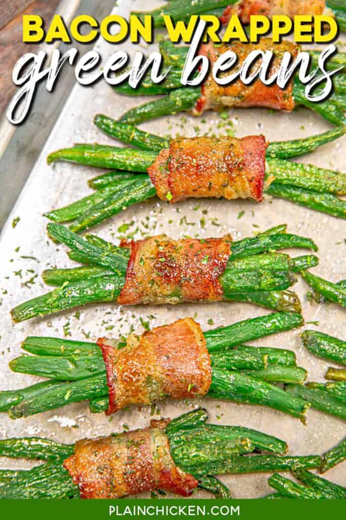 bacon wrapped green bean bundles on a baking sheet with text overay