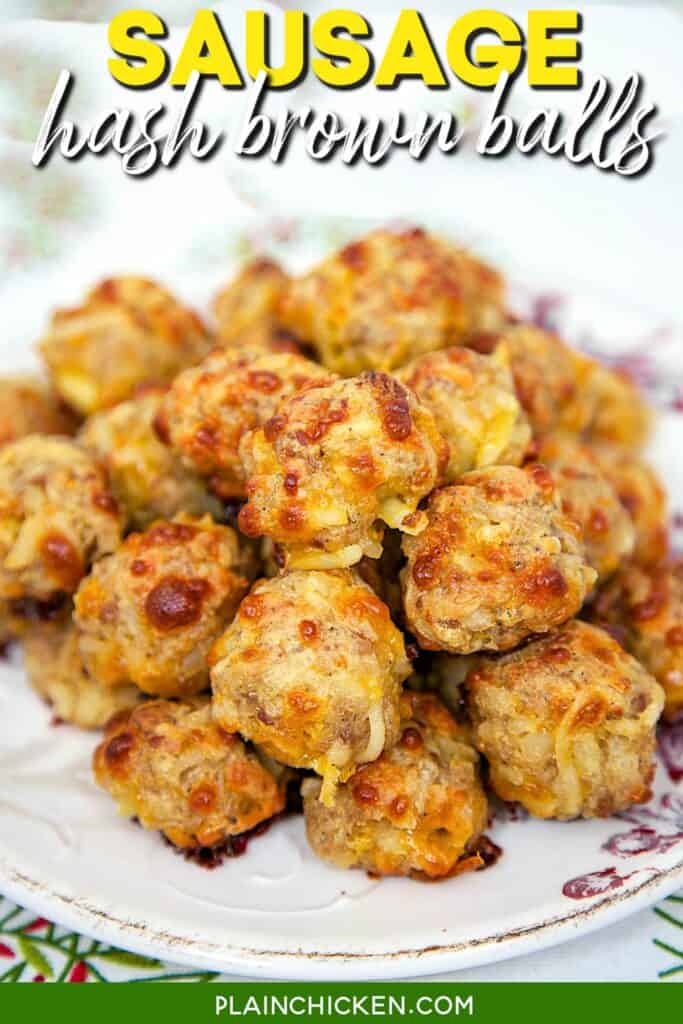 plate of sausage balls with hash browns with text overlay