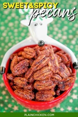 bowl of spiced pecans with text overlay