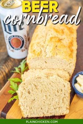 beer cornbread on a platter with text overlay