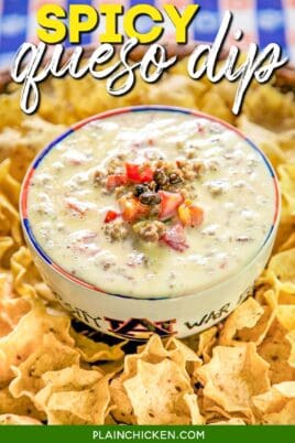 bowl of spicy queso cheese dip surrounded by chips with text overlay