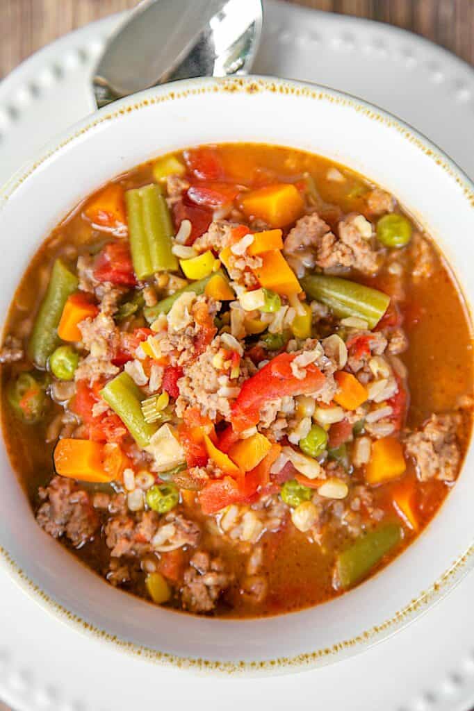 bowl of vegetable soup with ground turkey