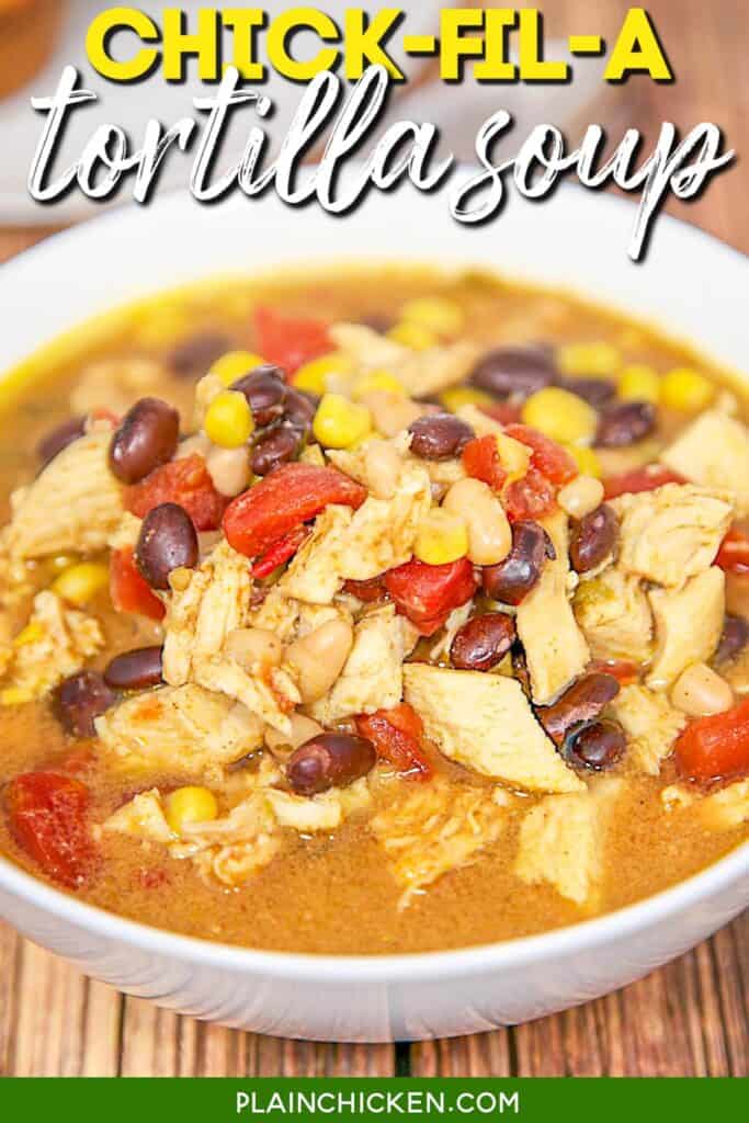 bowl of chicken tortilla soup with text overlay