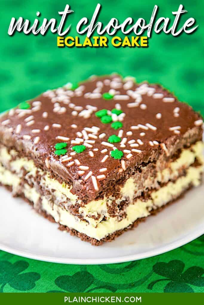 slice of mint chocolate eclair cake on a plate