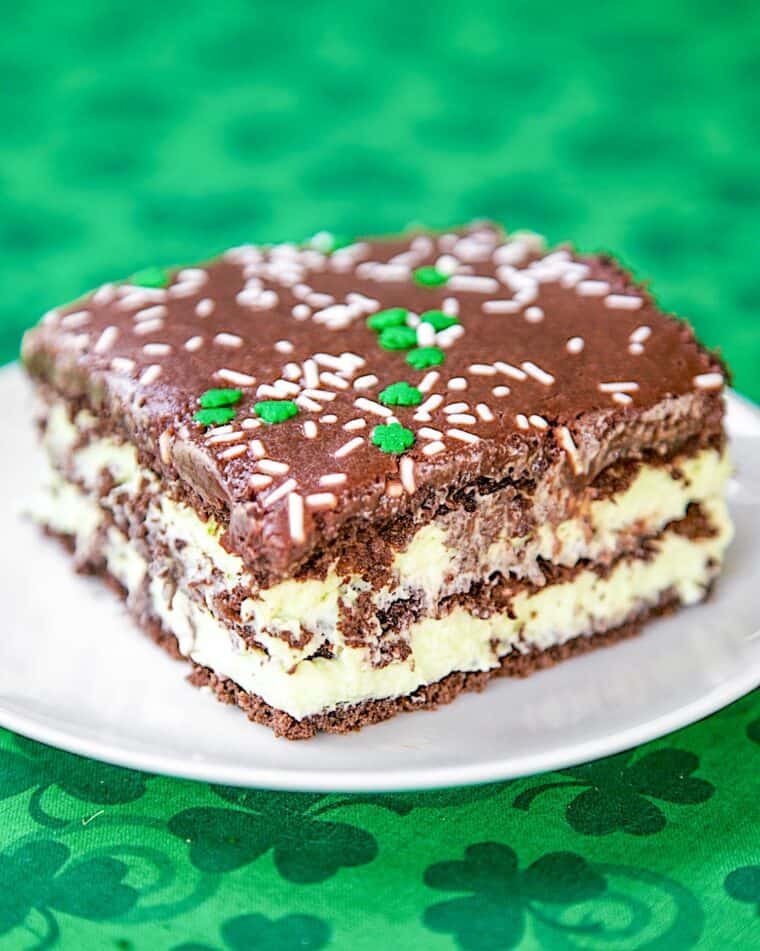 slice of mint chocolate eclair cake on a plate