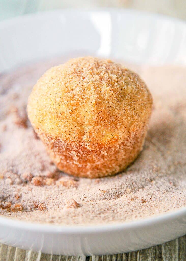 doughnut muffin in a bowl of cinnamon sugar