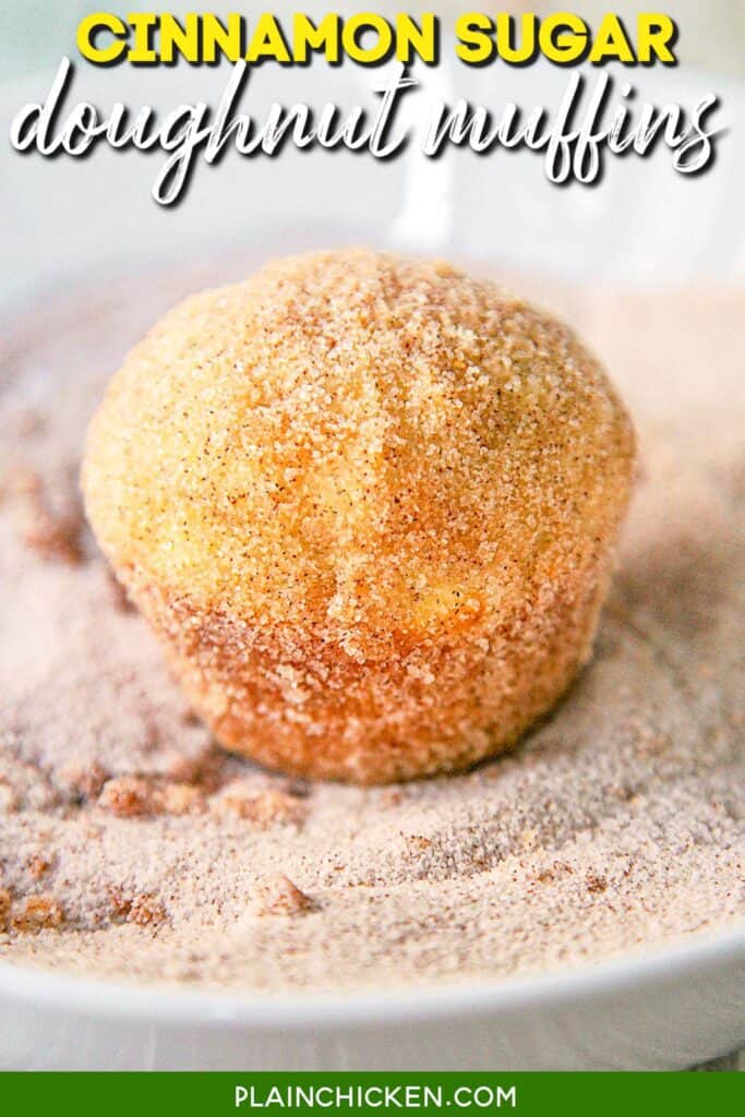 doughnut muffin in a bowl of cinnamon sugar with text overlay