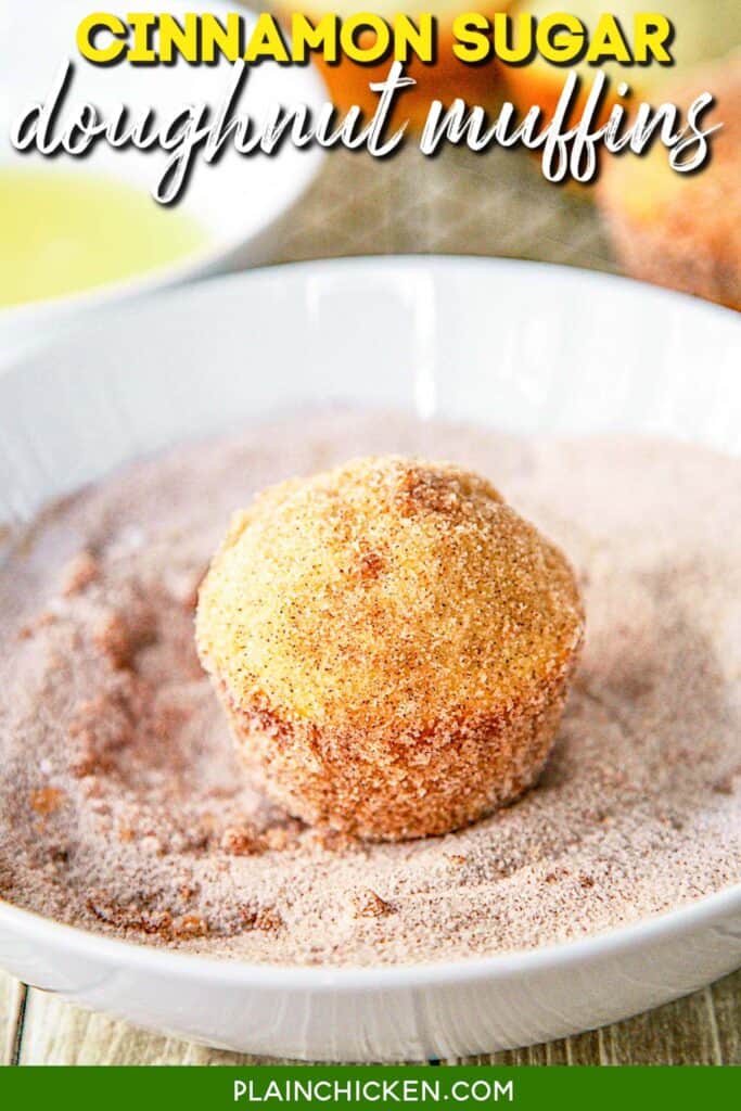 doughnut muffin in a bowl of cinnamon sugar with text overlay