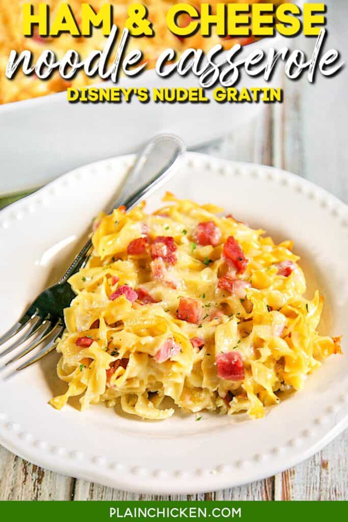 slice of ham and cheese noodle casserole on a plate