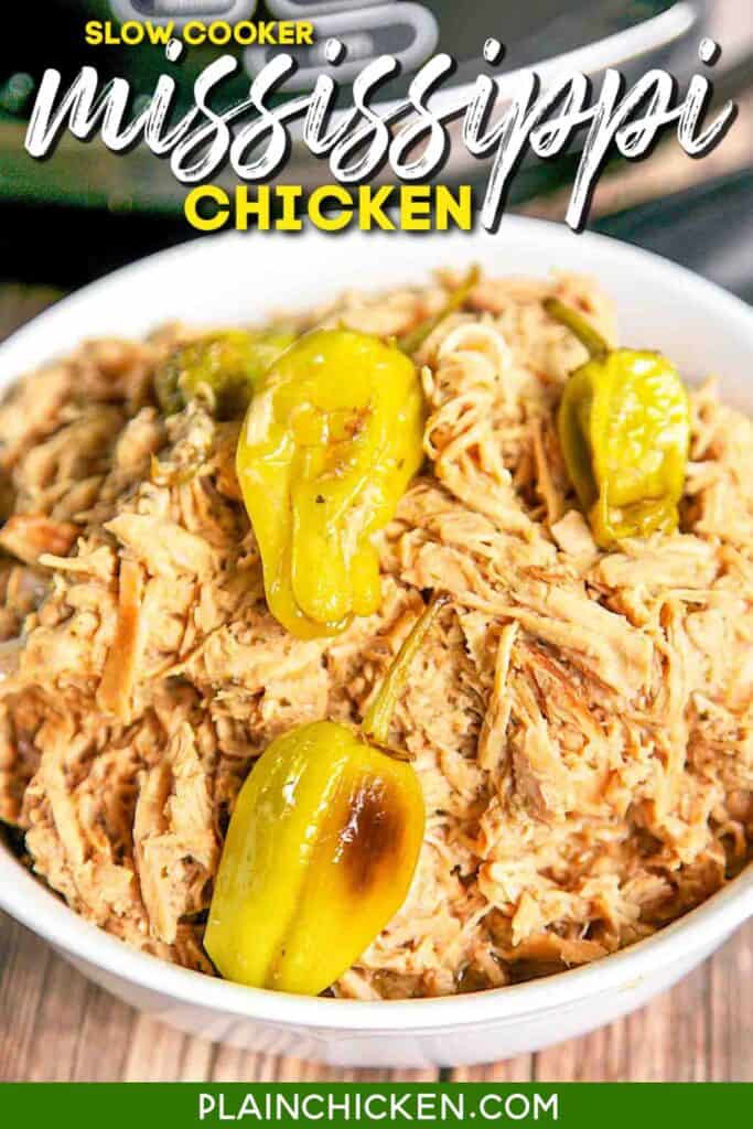 bowl of shredded chicken and banana peppers