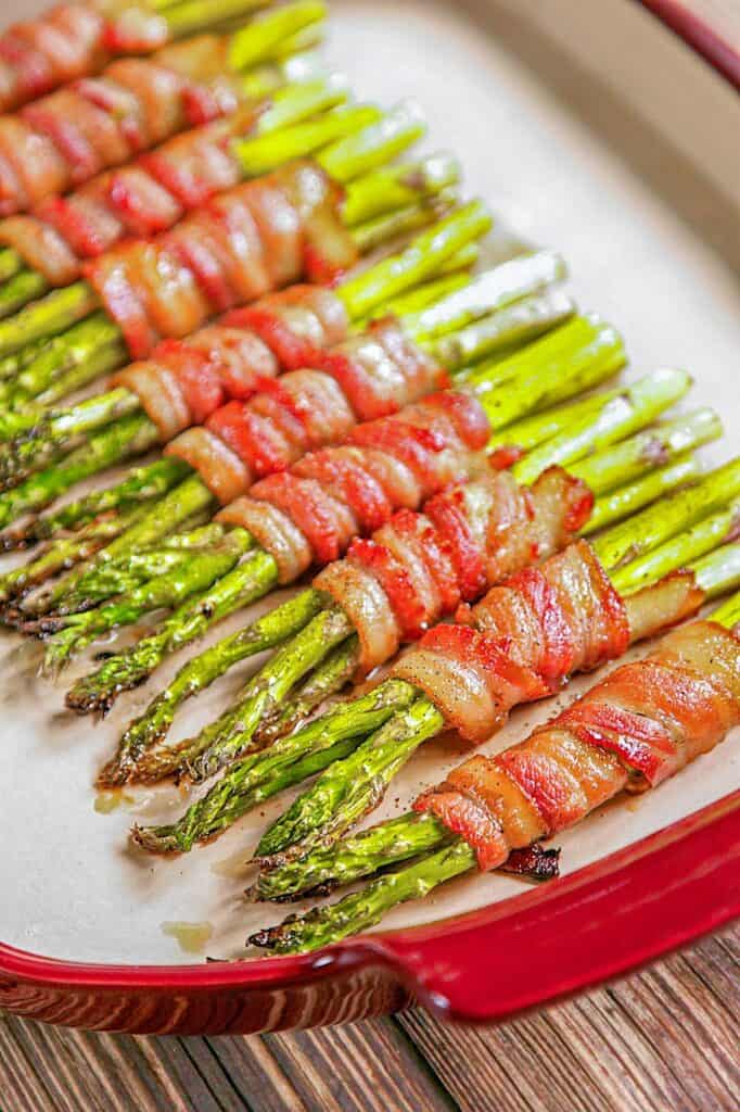 baking dish of bacon wrapped asparagus