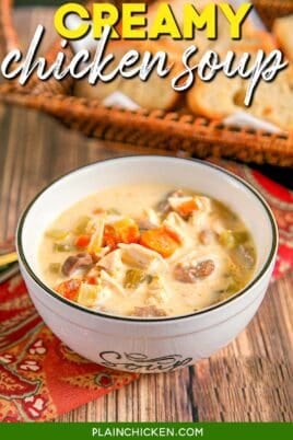 bowl of chicken soup on a table with text overlay