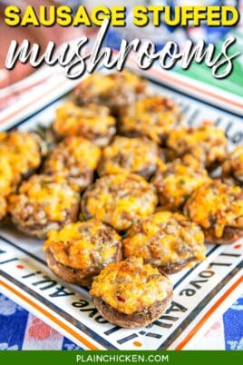 plate of stuffed mushrooms with text overlay