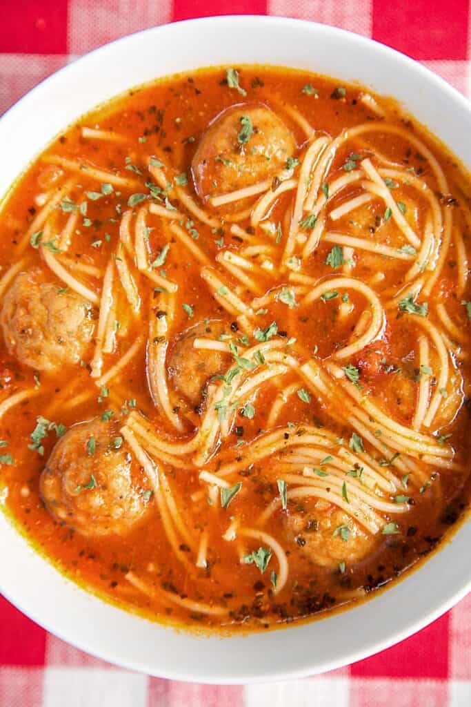 bowl of spaghetti and meatball soup