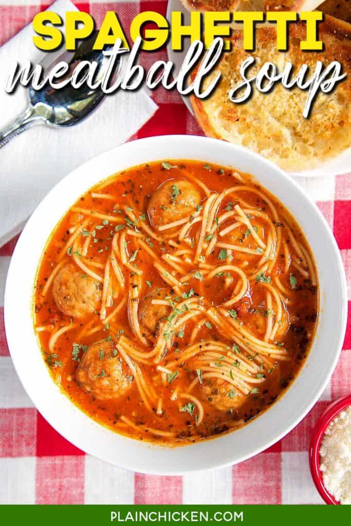 bowl of spaghetti and meatball soup with text overlay