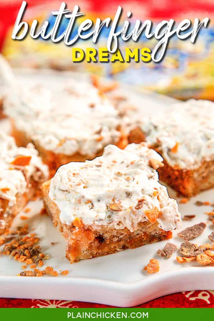 platter of butterfinger shortbread bars with whipped cream topping