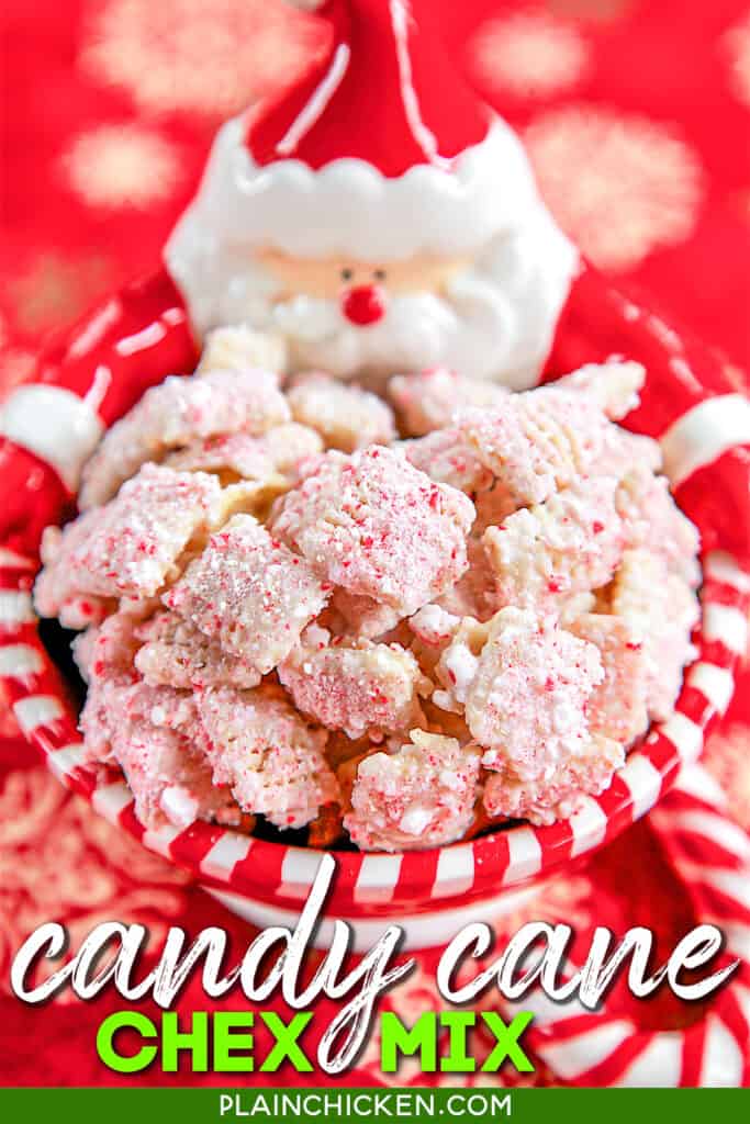 bowl of candy cane coated chex cereal