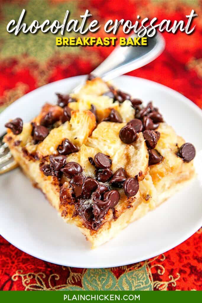 slice of chocolate chip croissant breakfast casserole on a plate