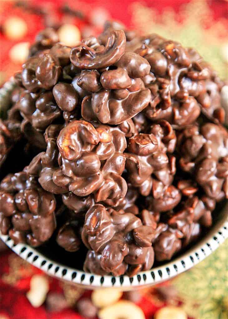 bowl of chocolate covered peanut clusters