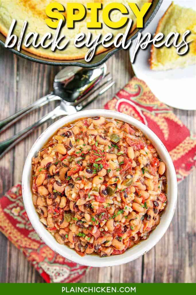 bowl of spicy black eyed peas with text overlay