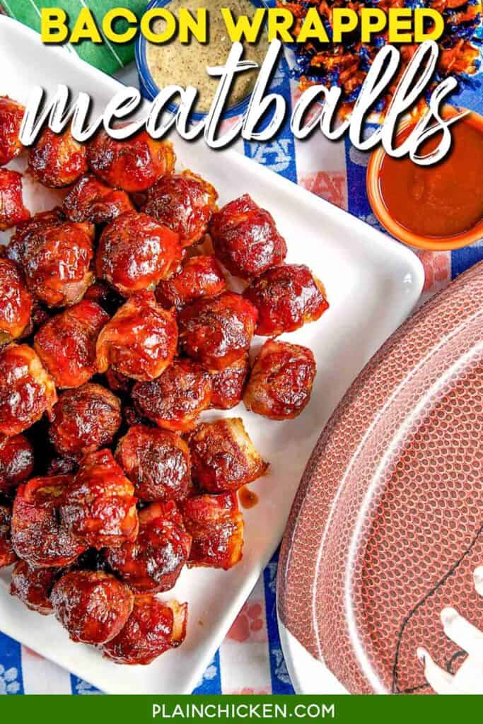 plate of bacon wrapped bbq meatballs on a tailgating table with text overlay