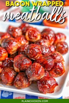 plate of bacon wrapped bbq meatballs on a tailgating table with text overlay