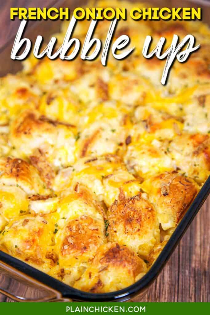 baking dish of french onion chicken bubble up biscuit casserole