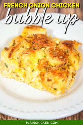 slice of french onion chicken bubble up biscuit casserole on a plate