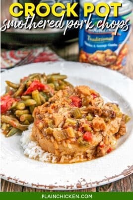 smothered pork chops on a plate with green beans with text overlay