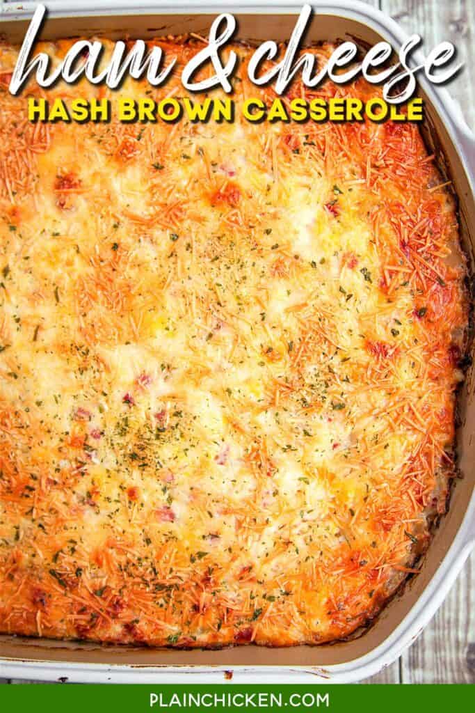 scoop ham & cheese hash brown casserole in a baking dish
