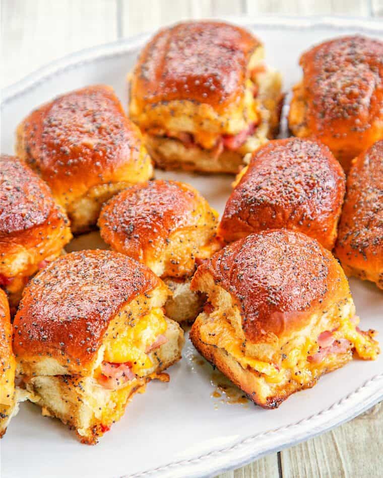 plate of ham and pimento cheese sliders
