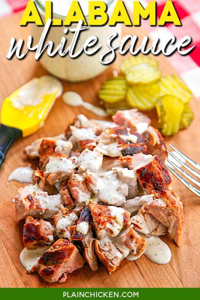 chopped pork with white sauce drizzled over it with text overlay