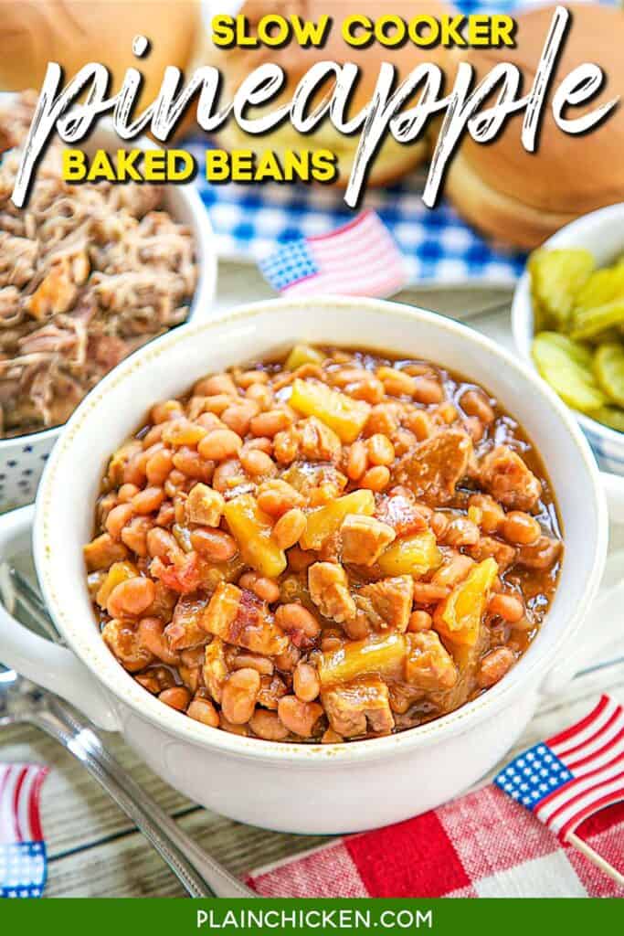 bowl of baked beans with text overlay