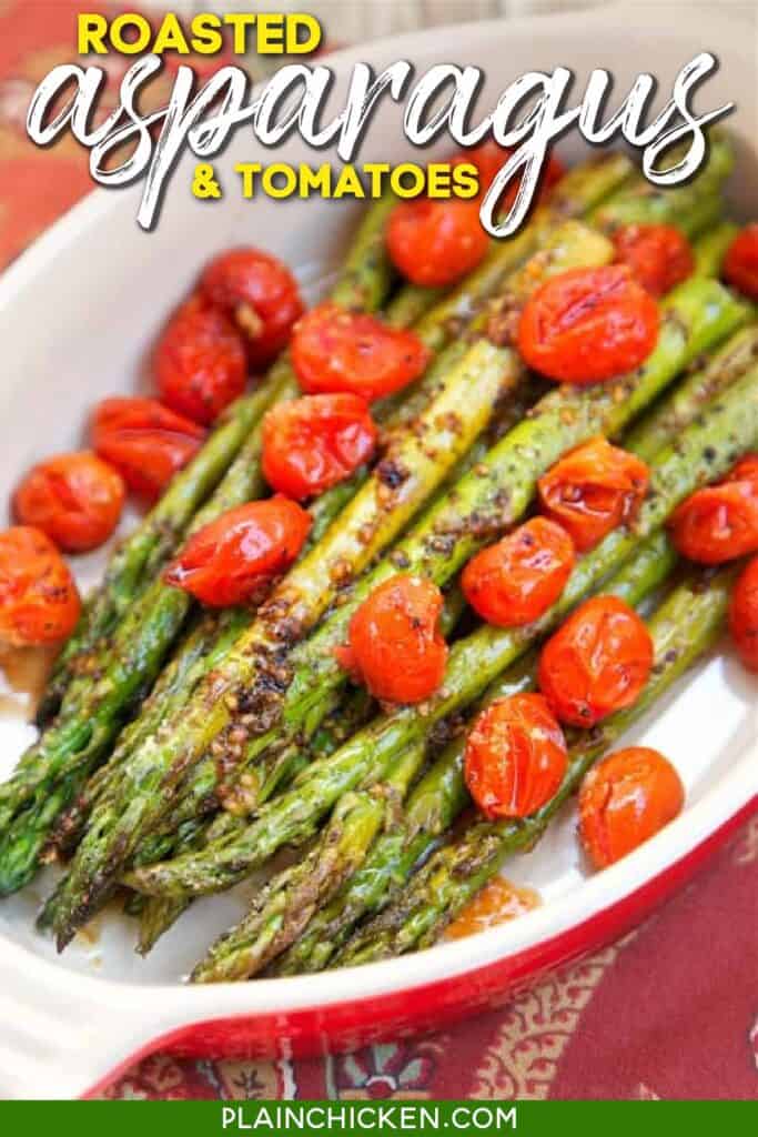 asparagus and tomatoes in a baking dish