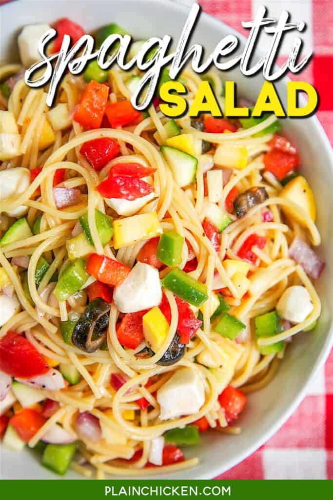 bowl of cold spaghetti salad with text overlay