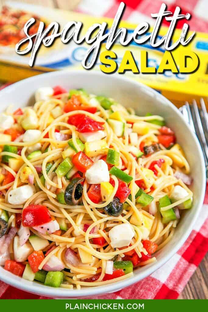 bowl of cold spaghetti salad with text overlay