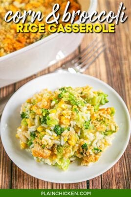 plate of corn and broccoli rice casserole