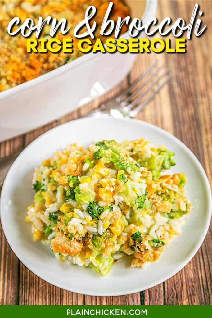 plate of corn and broccoli rice casserole