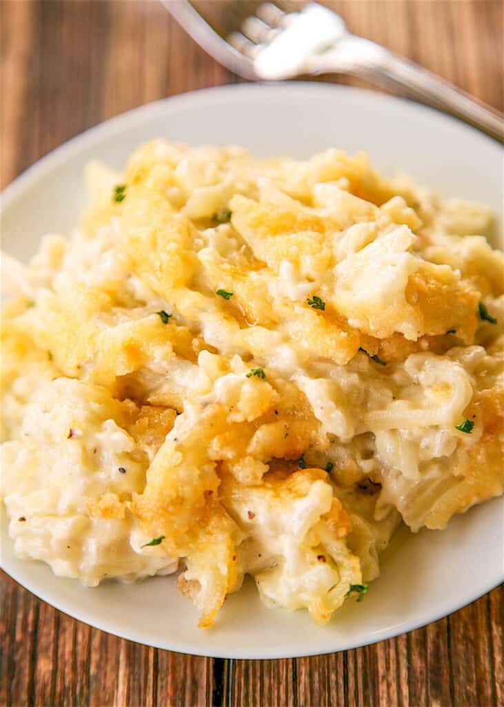 plate of cheesy hash brown casserole