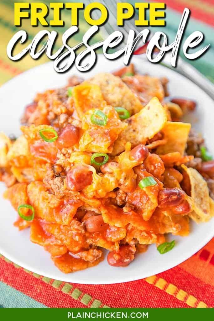 plate of frito pie casserole with text overlay