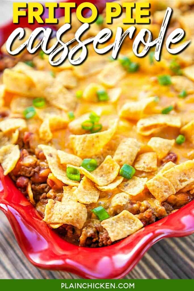 baking dish of frito casserole with text overlay