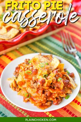 plate of frito pie casserole with text overlay