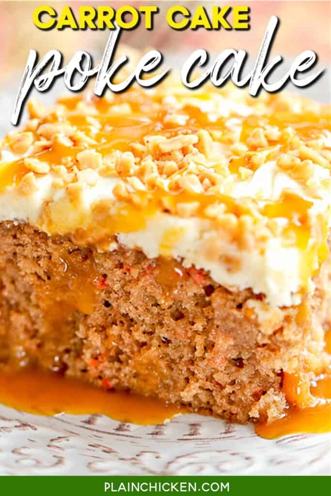 slice of caramel carrot cake on a plate with text overlay