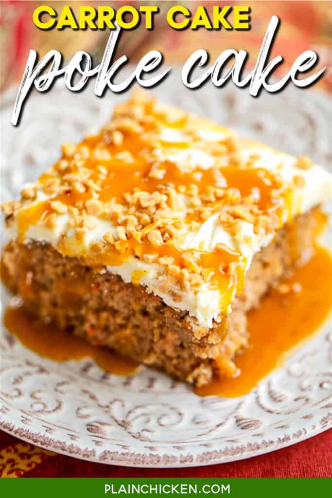 slice of caramel carrot cake on a plate with text overlay
